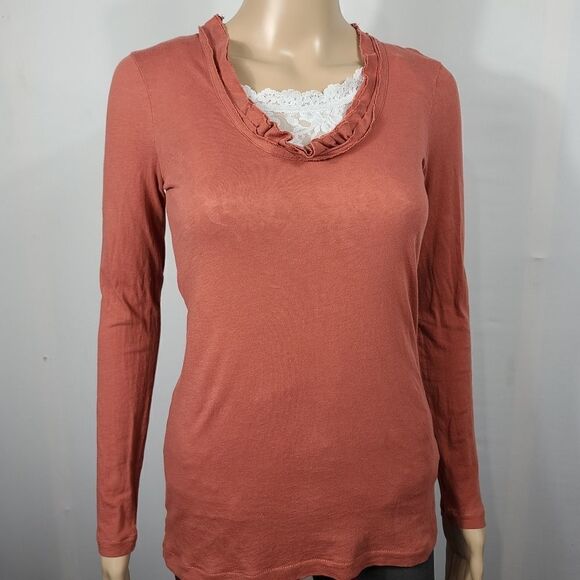 J.crew Burnt Orange long Sleeve Ruffled Neck Top - Picture 6 of 9